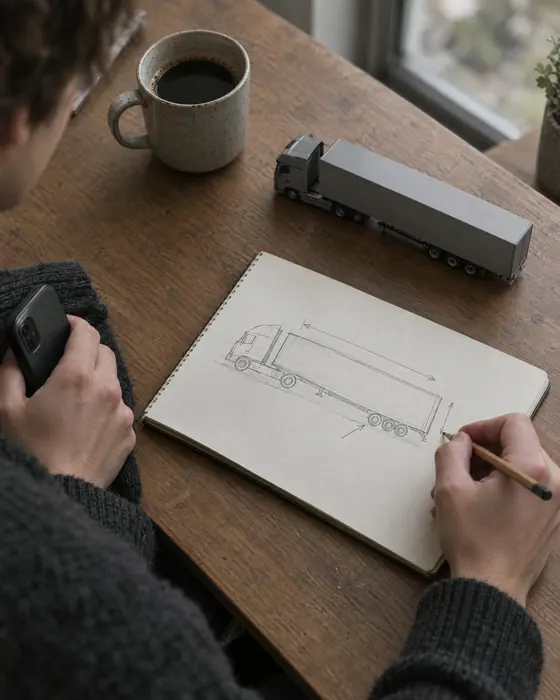 Hände mit Telefon und Bleistift, im Notizbuch die Skizze eines Sattelzugs