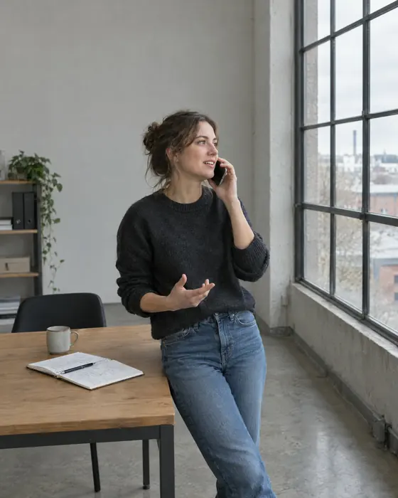 Eine Frau telefoniert im Stehen vor einem Industriefenster